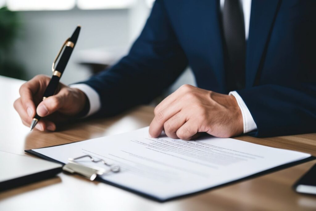 Person in a suit diligently writing on a document with a black pen at a wooden desk, meticulously handling Westchester Probate matters.